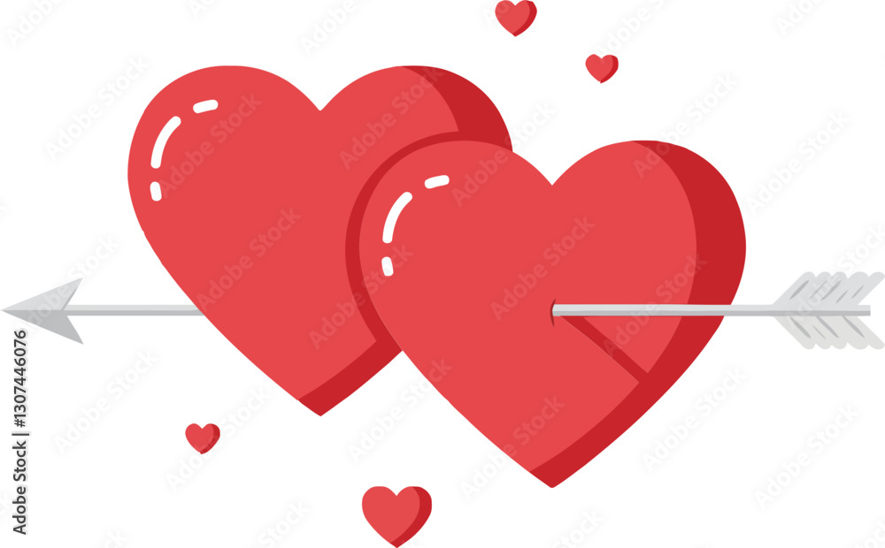 Two vibrant red hearts pierced by an arrow surrounded by smaller hearts in a flat vector illustration