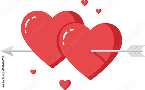 Obraz na płótnie Two vibrant red hearts pierced by an arrow surrounded by smaller hearts in a flat vector illustration w salonie