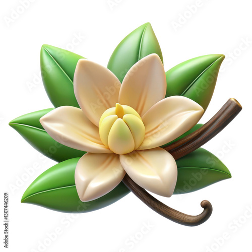Vanilla flower with pods and leaves, 3D, plastic style, PNG, isolated on transparent background