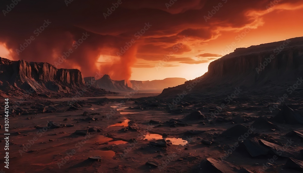 Fototapeta premium Exploring Canyon Landscape at Sunset with Dramatic Sky and Ground Puddles
