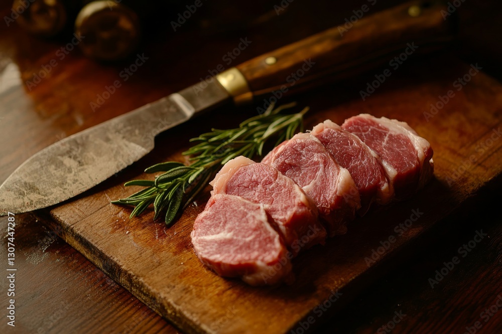 Fresh raw lamb chops with rosemary on rustic wooden board Fresh raw lamb chops with rosemary on rustic wooden board