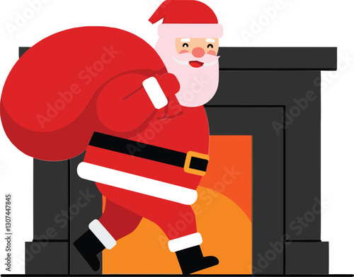 Cheerful Santa Claus in a Red Suit Carrying a Large Sack Near a Cozy Fireplace in Minimal Vector Art