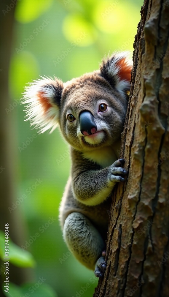 Fototapeta premium Playful koala peeking out from behind a tree trunk in the wild, curious, nature
