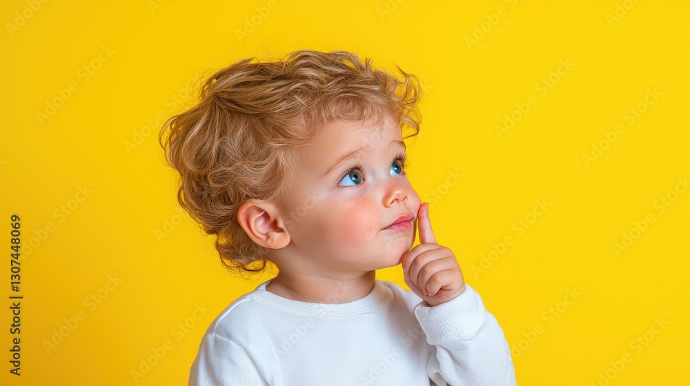 Curious toddler with blond curly hair looking up thoughtfully against a yellow background. Curious toddler with blond curly hair looking up thoughtfully against a yellow background.