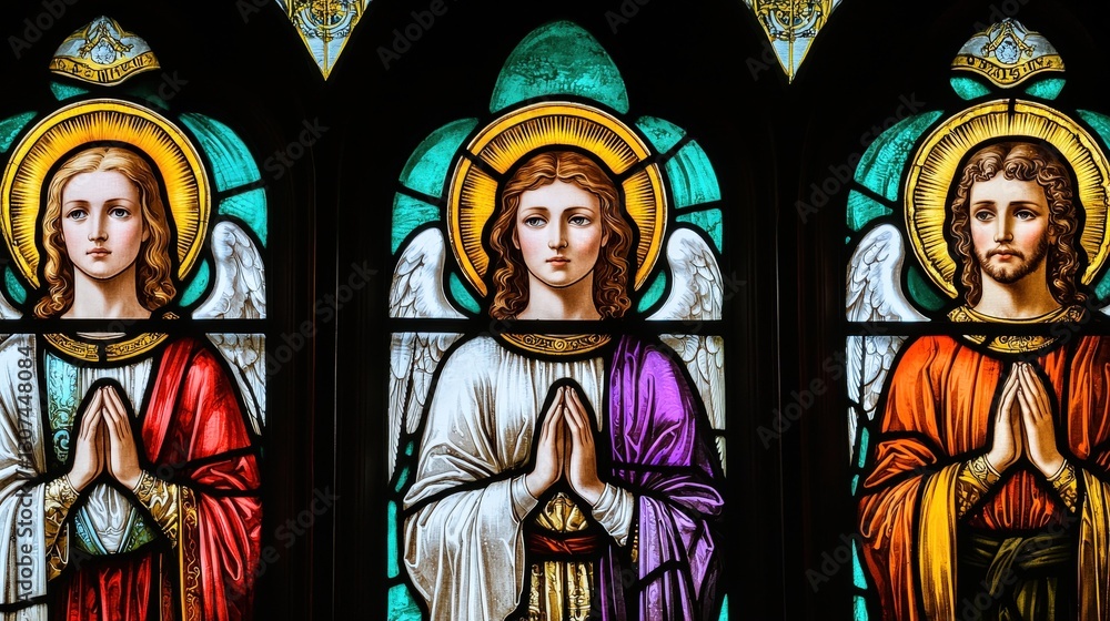 Obraz premium Medieval Stained Glass Window Depicting Saints and Angels in Light