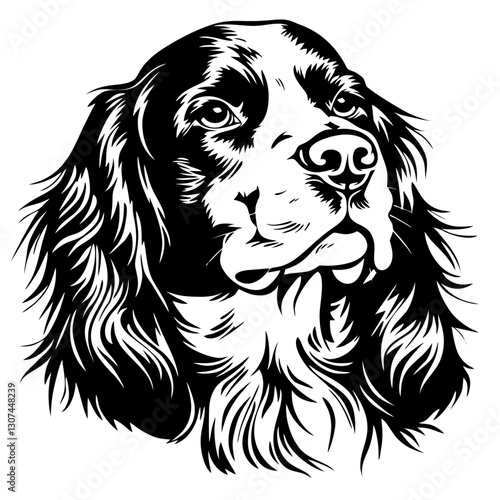 american water spaniel Intricate black and white line art of a dog with detailed fur and expressive eyes