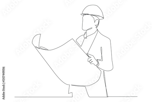 One continuous line drawing of young foreman manager controlling the construction of building.  Single line draw vector graphic design illustration.