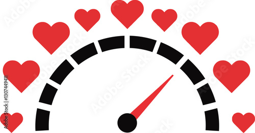 Heart-themed gauge illustration in minimal style showcasing love intensity with red hearts and a black needle in vector art