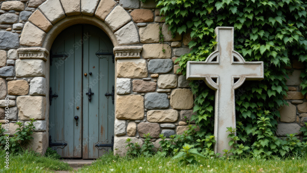 Stone archway with Christian symbol outside church. Stone archway with Christian symbol outside church.