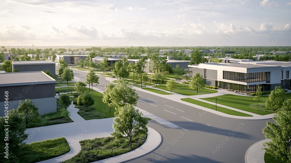 Contemporary urban landscape with modern buildings and green spaces under a bright sky. Contemporary urban landscape with modern buildings and green spaces under a bright sky.