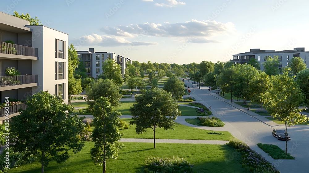 Modern residential area with green spaces, trees, and contemporary architecture under a clear sky. Modern residential area with green spaces, trees, and contemporary architecture under a clear sky.