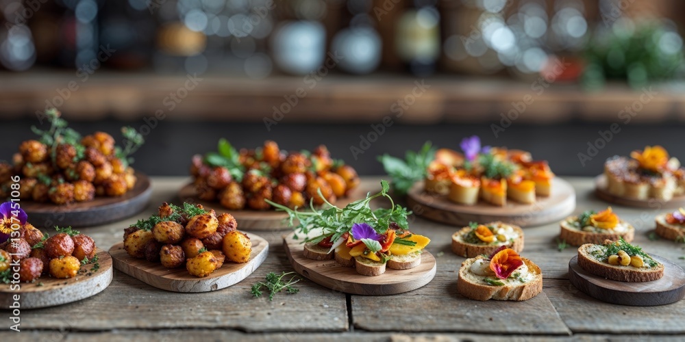 Assortment Of Tapas On Wooden Bar Counter Assortment Of Tapas On Wooden Bar Counter