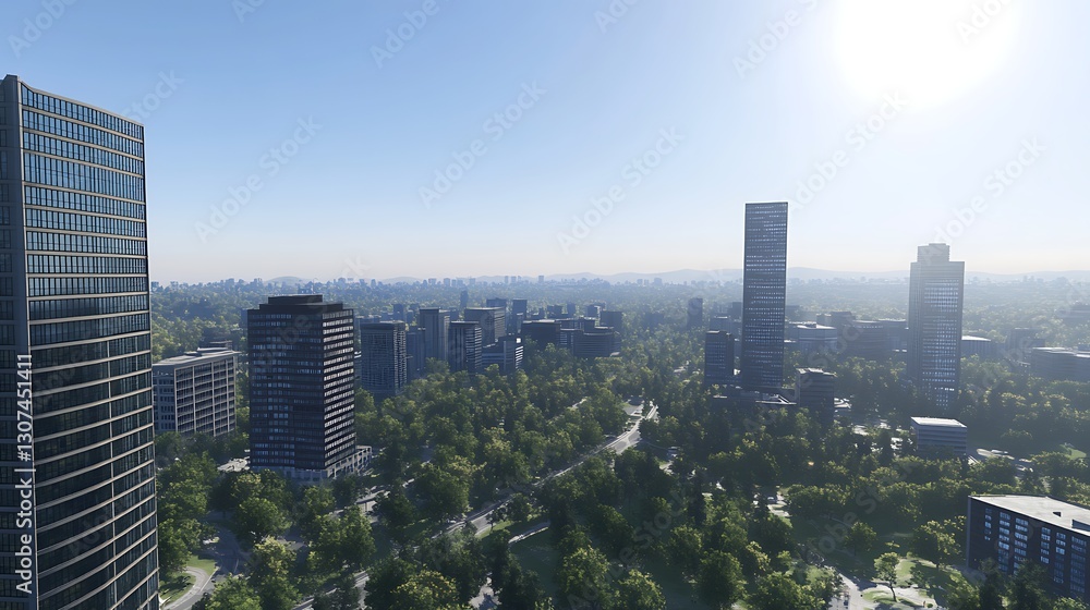 Fototapeta premium Urban skyline with modern architecture and lush greenery under bright sunlight.