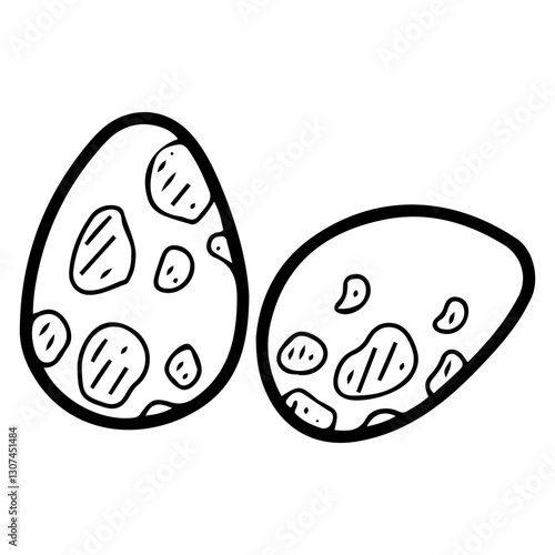Dinosaur eggs. Hand drawn doodle. The shell is a vessel for the development of the embryo of an ancient lizard. The offspring of an animal. Vector line art illustration.