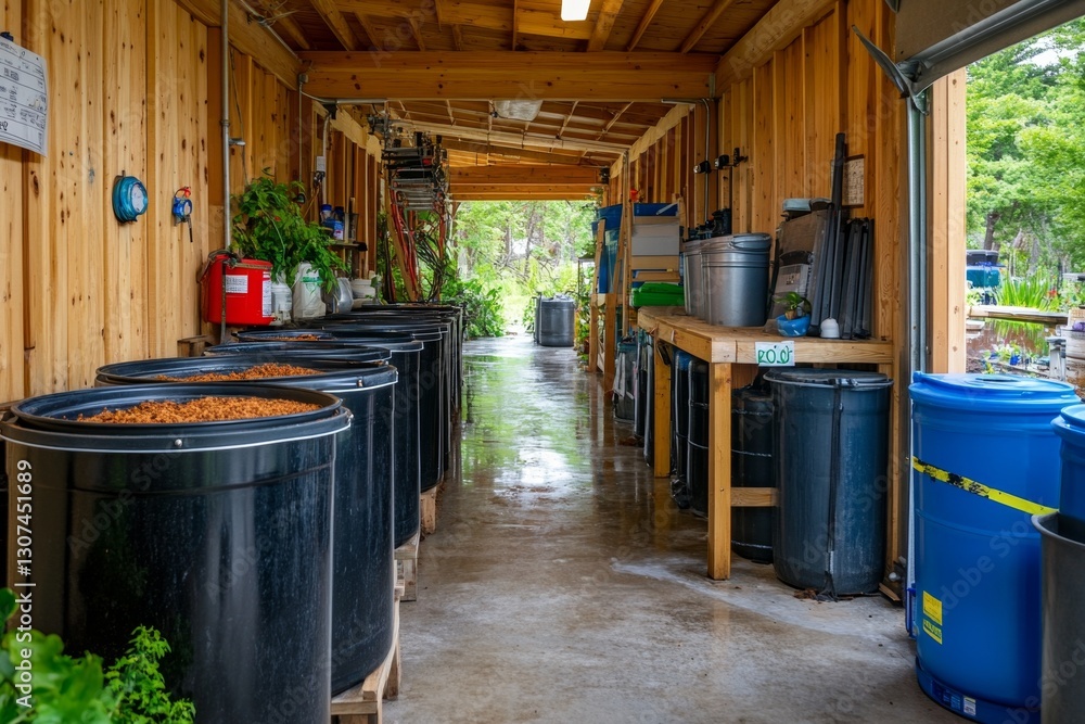 A compost tea brewing station, showing the process of making liquid soil conditioner A compost tea brewing station, showing the process of making liquid soil conditioner