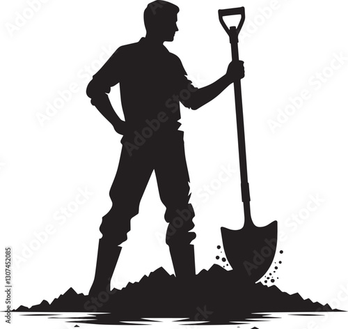 Worker Digging with a Shovel Silhouette Vector Illustration isolated on a white background