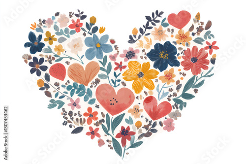 Hand drawn heart shaped arrangement of colorful flowers and leaves, conveying a message of love, nature, and celebration