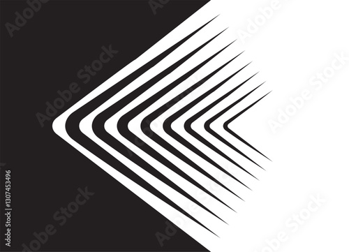 Background, in two parts - black and white, between which a striped pattern of lines in the shape of an arrow. Design for modern graphics, prints, packaging and design. Vector background