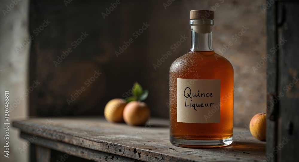 Homemade quince liqueur in a dark rustic style Drink concept with selective focus Homemade quince liqueur in a dark rustic style Drink concept with selective focus