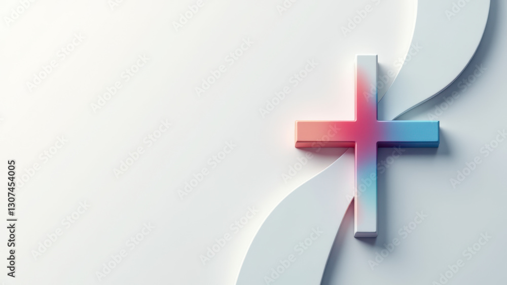 Obraz premium 3D rendering of a cross symbol on a gray background with a gradient border.
