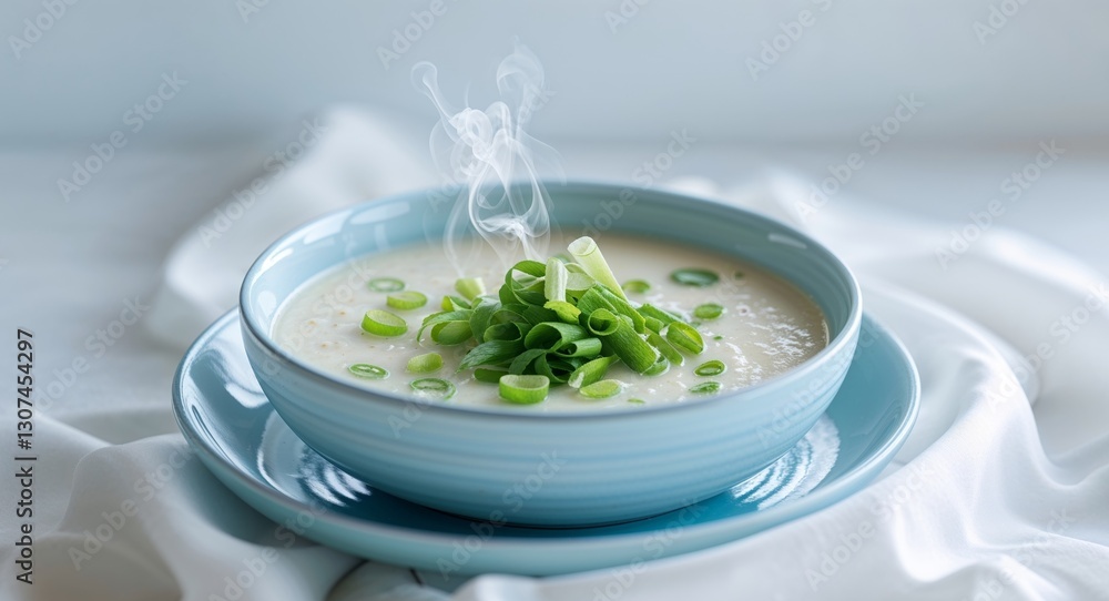Steaming Creamy Soup with Green Onions in Blue Bowl Steaming Creamy Soup with Green Onions in Blue Bowl
