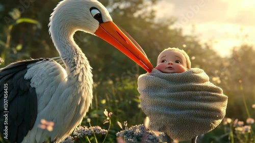 Cartoon stork with baby. Selective focus