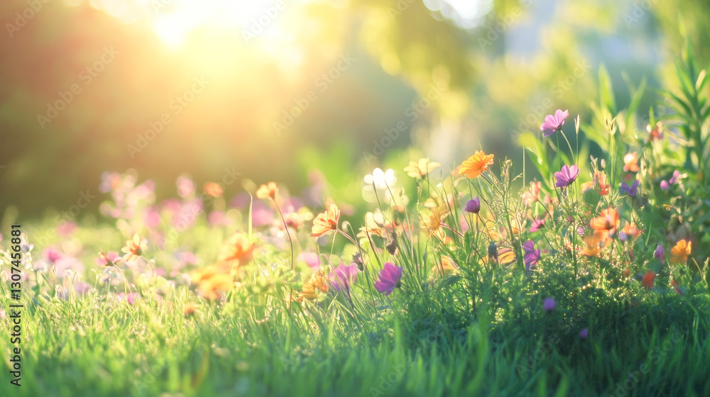 Fototapeta premium Vibrant wildflowers blooming in sunlit meadow with lush greenery