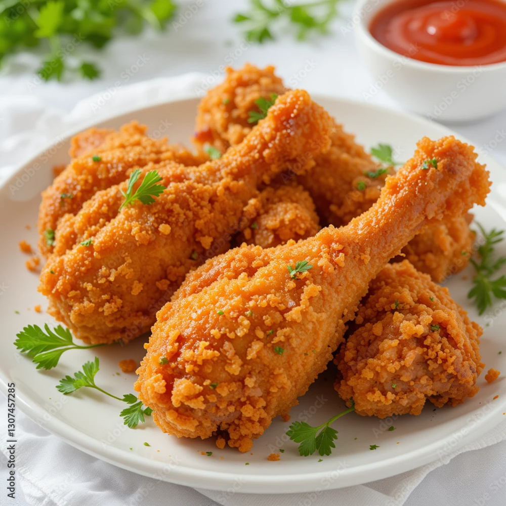 Crispy Golden Fried Chicken Drumsticks & Thighs on White Plate – Crunchy Coated Chicken with Parsley Garnish & Red Dipping Sauce – High-Quality Food Photography for Stock Crispy Golden Fried Chicken Drumsticks & Thighs on White Plate – Crunchy Coated Chicken with Parsley Garnish & Red Dipping Sauce – High-Quality Food Photography for Stock