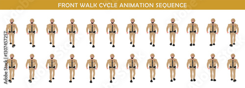 Police Officer Character walk cycle animation sequence. Front walk frame by frame animation sprite sheet.