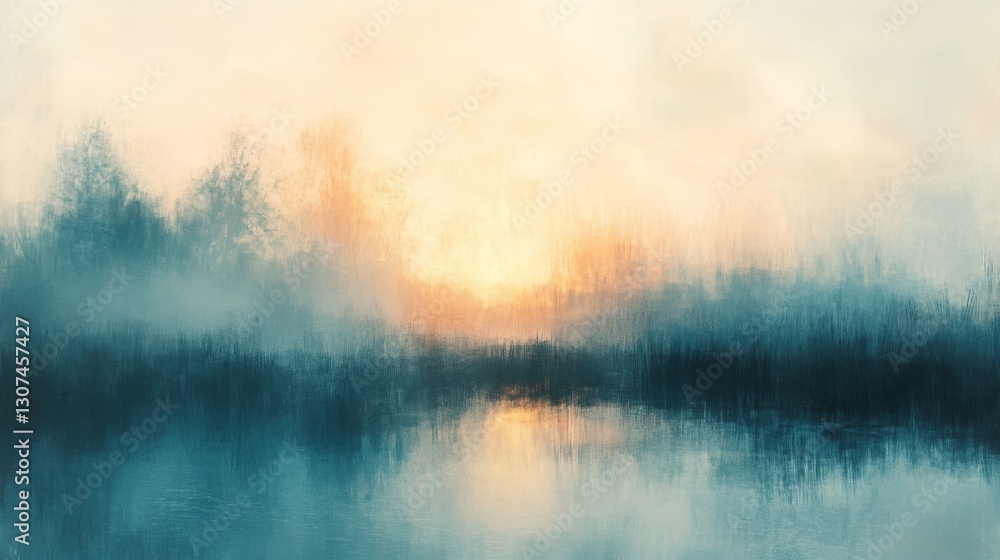 Fototapeta premium Abstract Landscape Painting Reflecting Trees And Sky Over Water