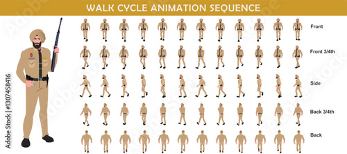 Police Officer Character walk cycle animation sequence. Front walk frame by frame animation sprite sheet.