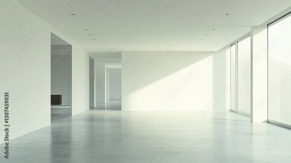 Modern minimalist interior with large windows and concrete floors Modern minimalist interior with large windows and concrete floors
