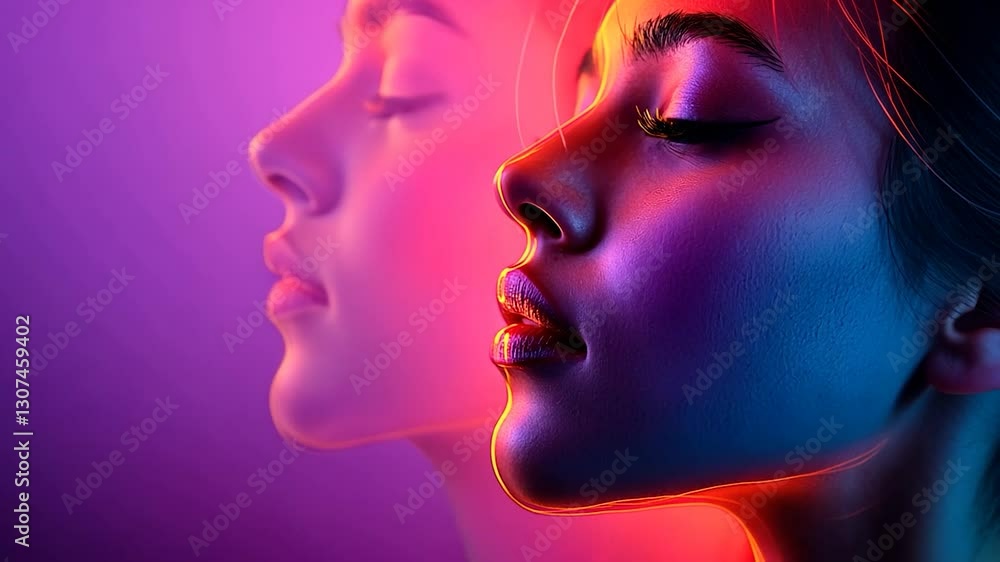 Two faces in vibrant neon light Two faces in vibrant neon light