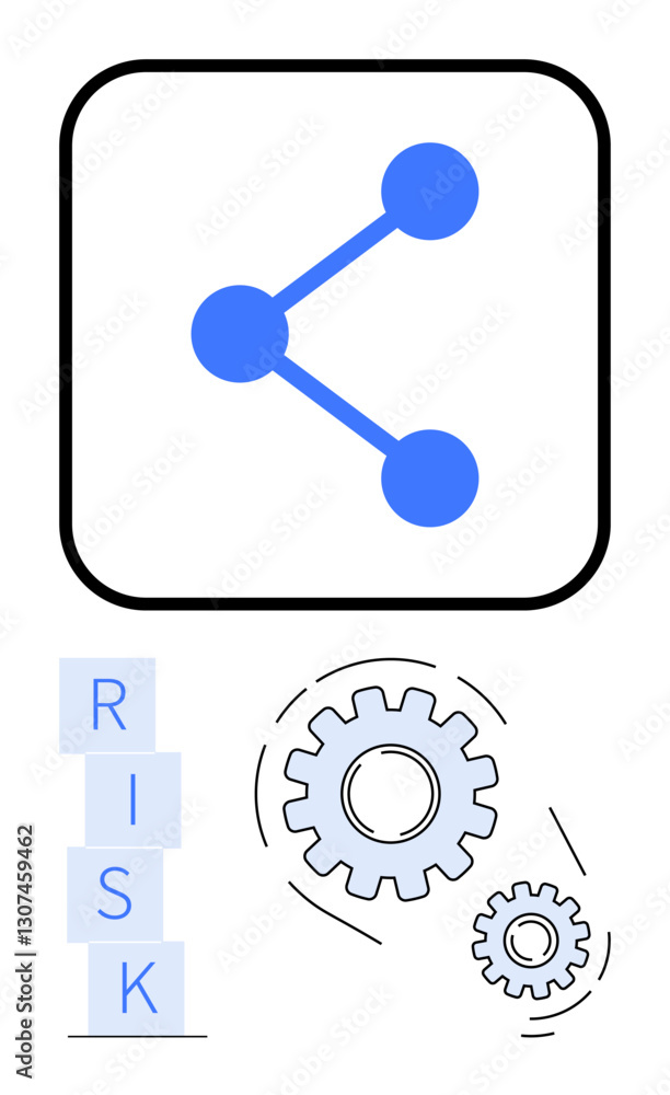 Blue share icon with two gears and stacked letters spelling RISK. Ideal for networking, teamwork, decision-making, innovation, problem-solving, system analysis, abstract line flat metaphor Blue share icon with two gears and stacked letters spelling RISK. Ideal for networking, teamwork, decision-making, innovation, problem-solving, system analysis, abstract line flat metaphor
