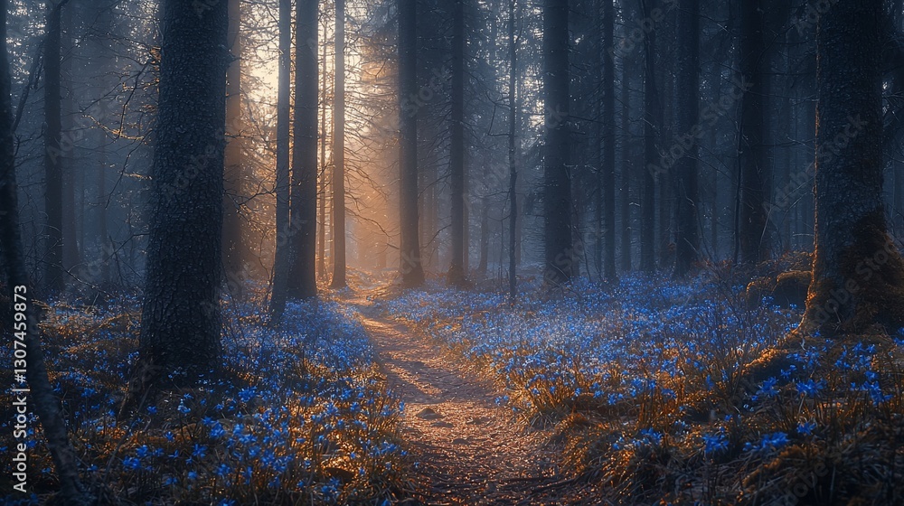 Fototapeta premium Misty forest path bathed in sunlight, blooming flowers