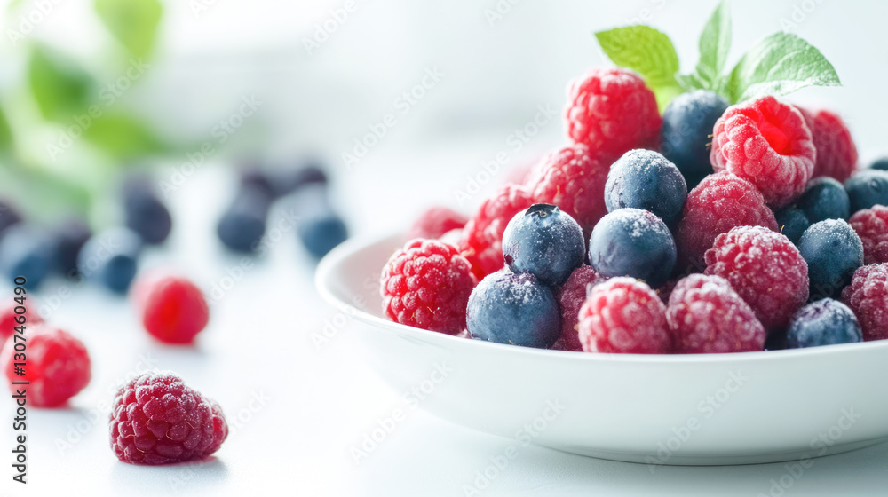 Fresh bowl of blueberries and raspberries with mint leaves on white background Fresh bowl of blueberries and raspberries with mint leaves on white background