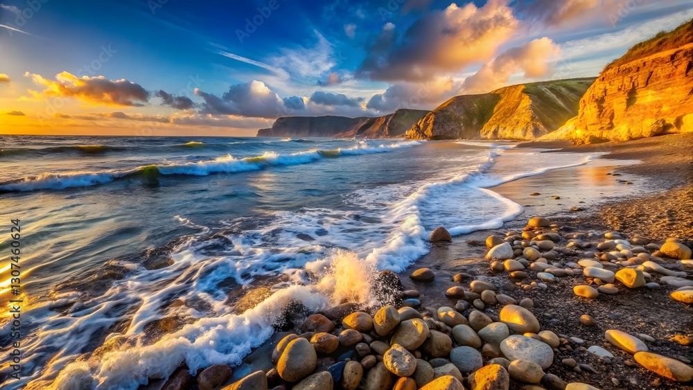 Obraz premium Golden Hour Rocky Coastline with Foamy Ocean Waves