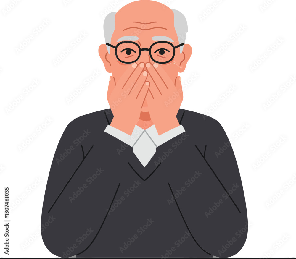 Elderly man with glasses showing concern while covering his face in a flat vector illustration depicting emotional distress and contemplation