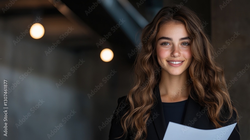 Obraz premium A smiling young woman holding paper in a professional setting