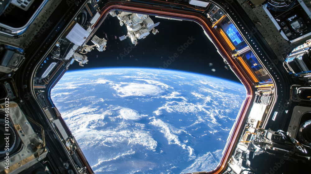 View of earth from space station window with cloudy atmosphere and spacecraft exterior View of earth from space station window with cloudy atmosphere and spacecraft exterior