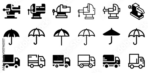 "Heavy-Duty Vise, Umbrella, and Truck Icon Set – Utility and Protection Vector Symbols"
