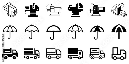 "Heavy-Duty Vise, Umbrella, and Truck Icon Set – Utility and Protection Vector Symbols"