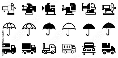 "Heavy-Duty Vise, Umbrella, and Truck Icon Set – Utility and Protection Vector Symbols"