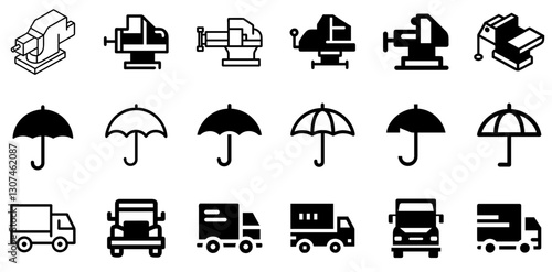 "Heavy-Duty Vise, Umbrella, and Truck Icon Set – Utility and Protection Vector Symbols"