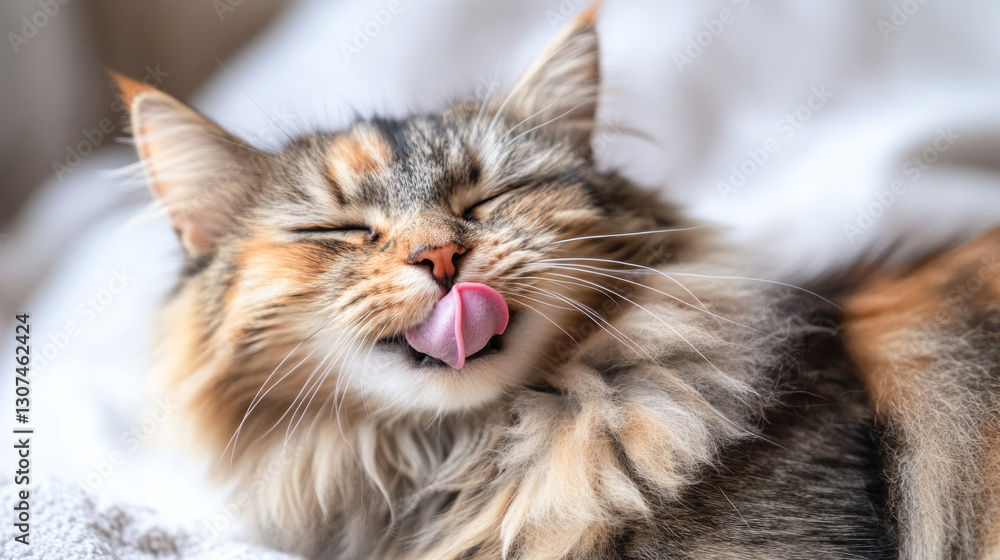 Fluffy cat relaxing with tongue out on soft blanket Fluffy cat relaxing with tongue out on soft blanket