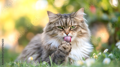 Wallpaper Mural Fluffy cat grooming in sunlit garden Torontodigital.ca