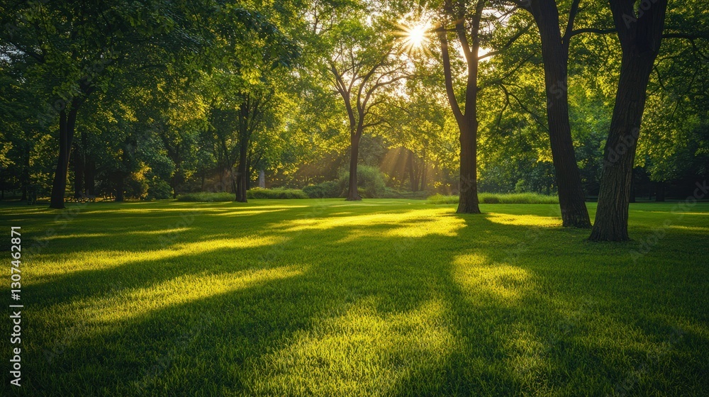 Naklejka premium Serene park landscape, golden sunlight filtering through trees, lush green grass, long shadows, tranquil evening atmosphere, vibrant nature scenery, peaceful outdoor setting, dappled light on lawn