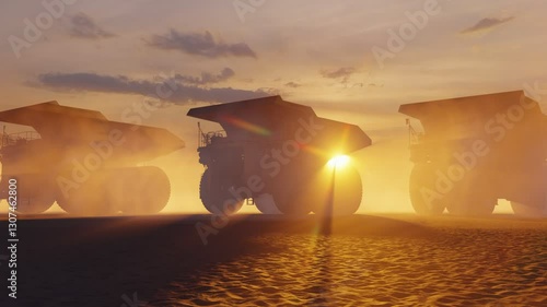 A large number of yellow mining quarry dump trucks. Huge yellow Ore mining trucks. Heavy mining equipment. 3D render.