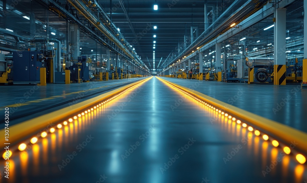 Industrial floor with illuminated pathway in a spacious factory setting Industrial floor with illuminated pathway in a spacious factory setting