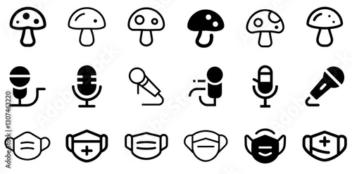 "Mushroom, Microphone, and Medical Mask Icon Set – Nature, Communication, and Health Vector Symbols"